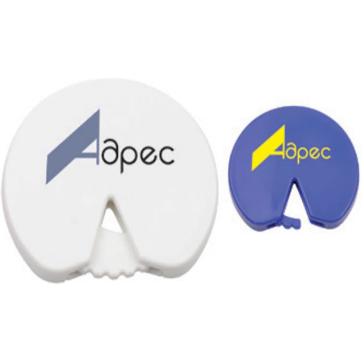 Two bag clips in white and blue, featuring logos, designed for sealing bags.
