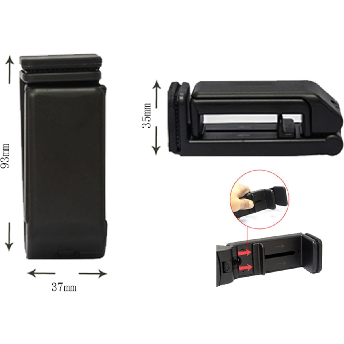 A compact black mobile stand with adjustable features, measuring 93mm by 37mm, and includes a branding logo.