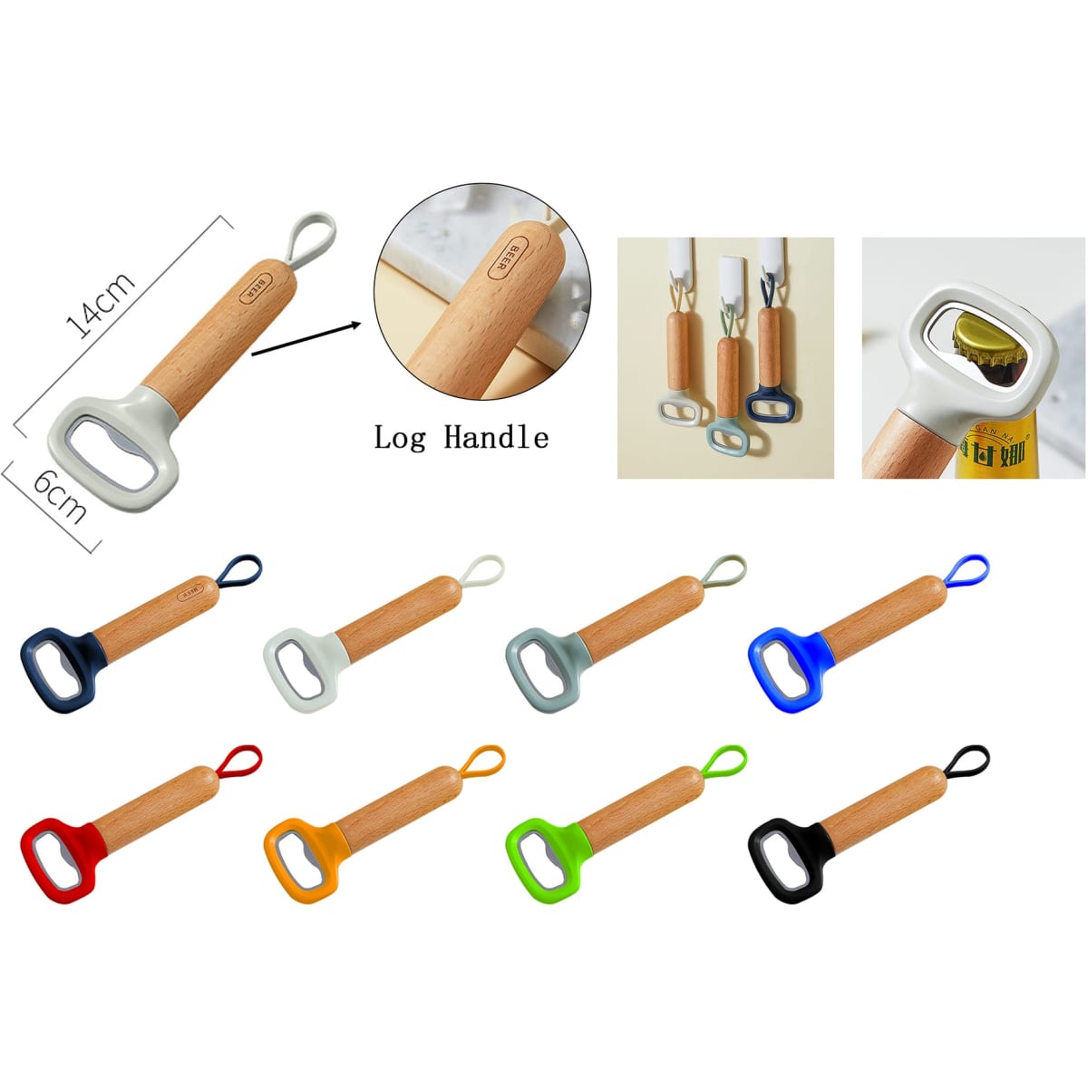 A drink bottle opener with a log handle, available in various colours, featuring a logo. Length is 14 cm.