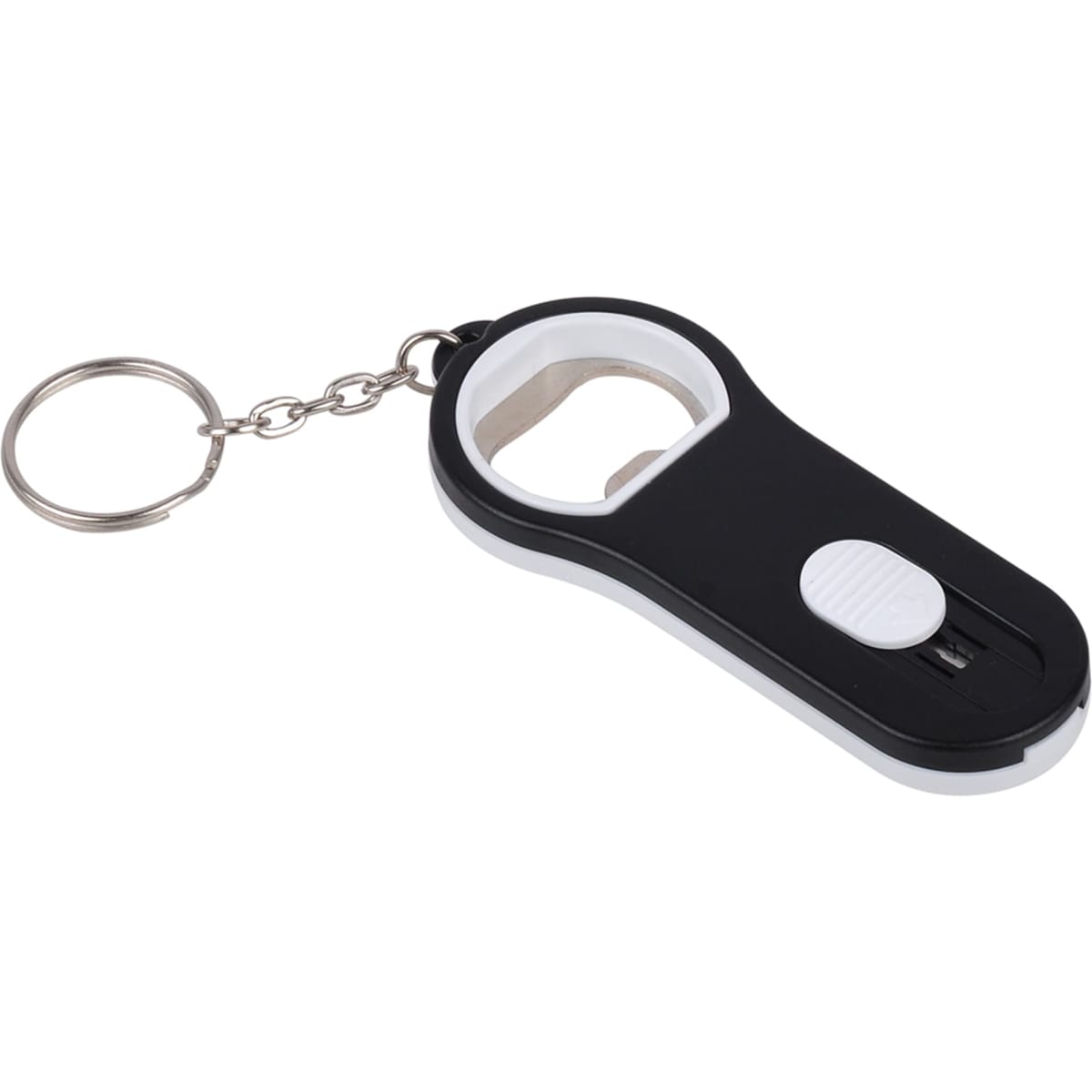 A black and white bottle opener with a letter opener feature, attached to a keyring.