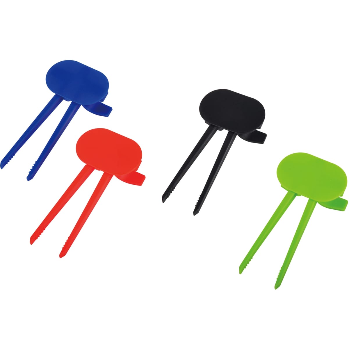 A set of four colourful food clips in blue, red, black, and green, featuring a branding logo.