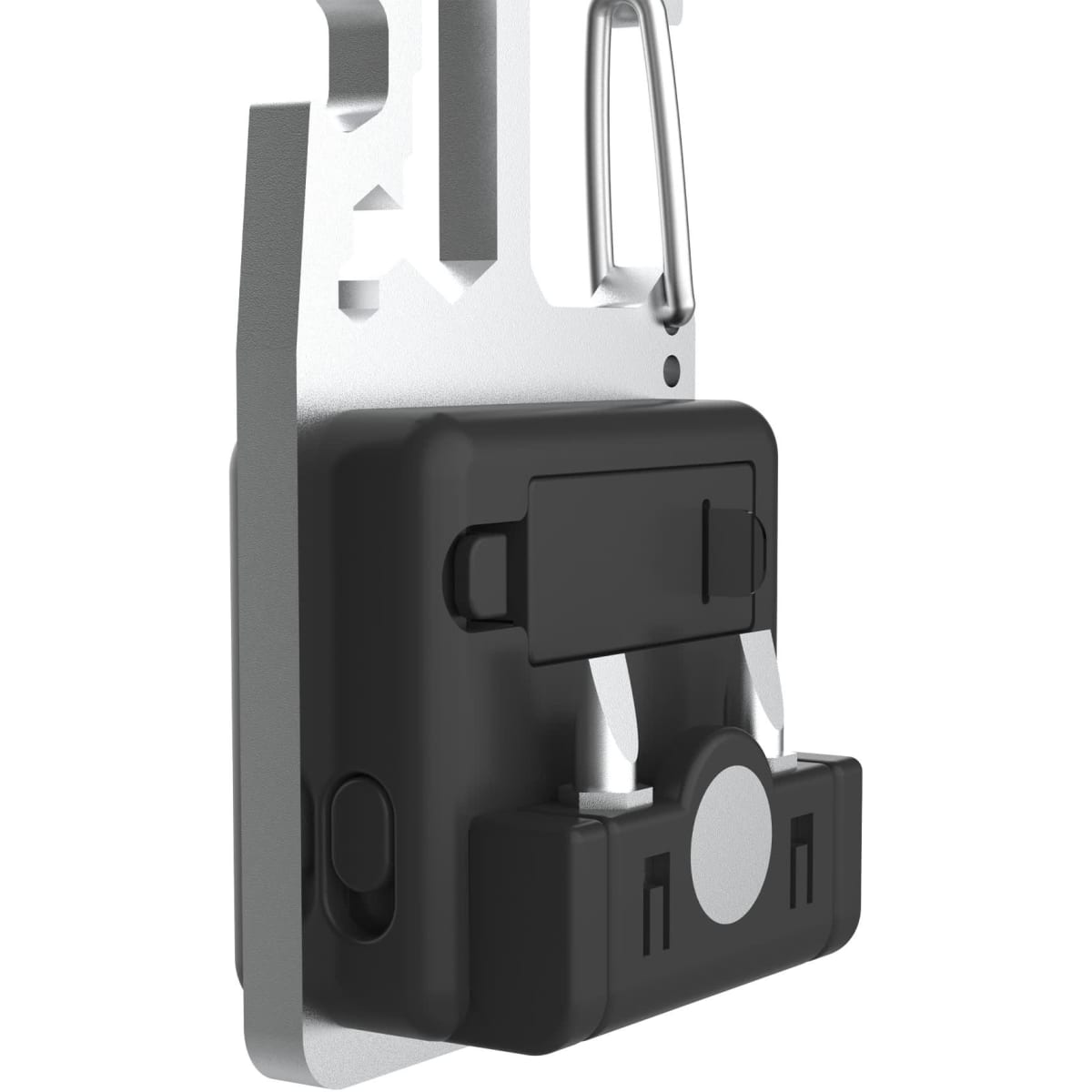 A compact black and silver tool set featuring a keyring attachment, with various tools integrated into the design.