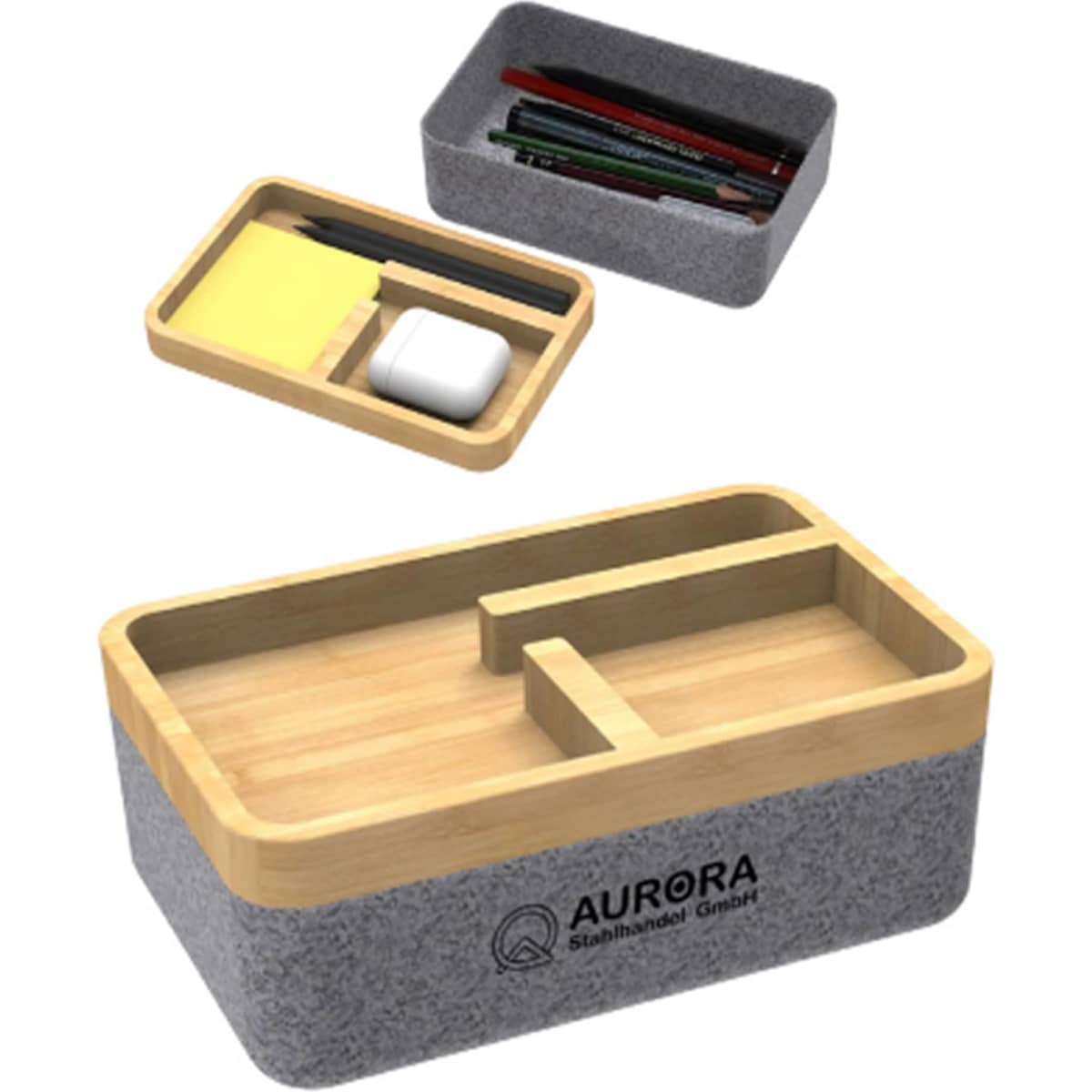 A felt box with a bamboo lid, featuring two compartments, grey felt exterior, and a logo on the front.