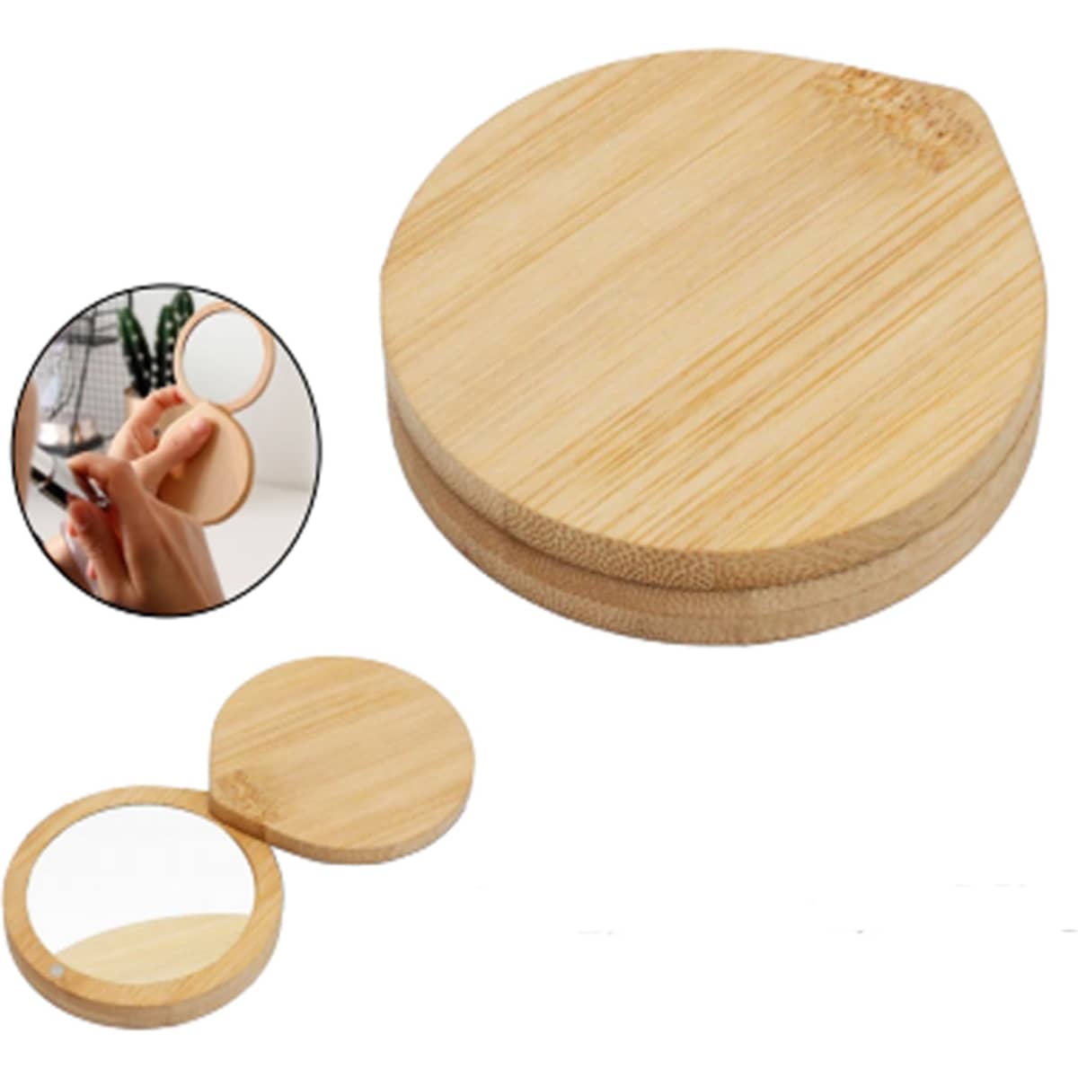 A round bamboo mirror with a smooth finish. It features a small handle and is lightweight in design.