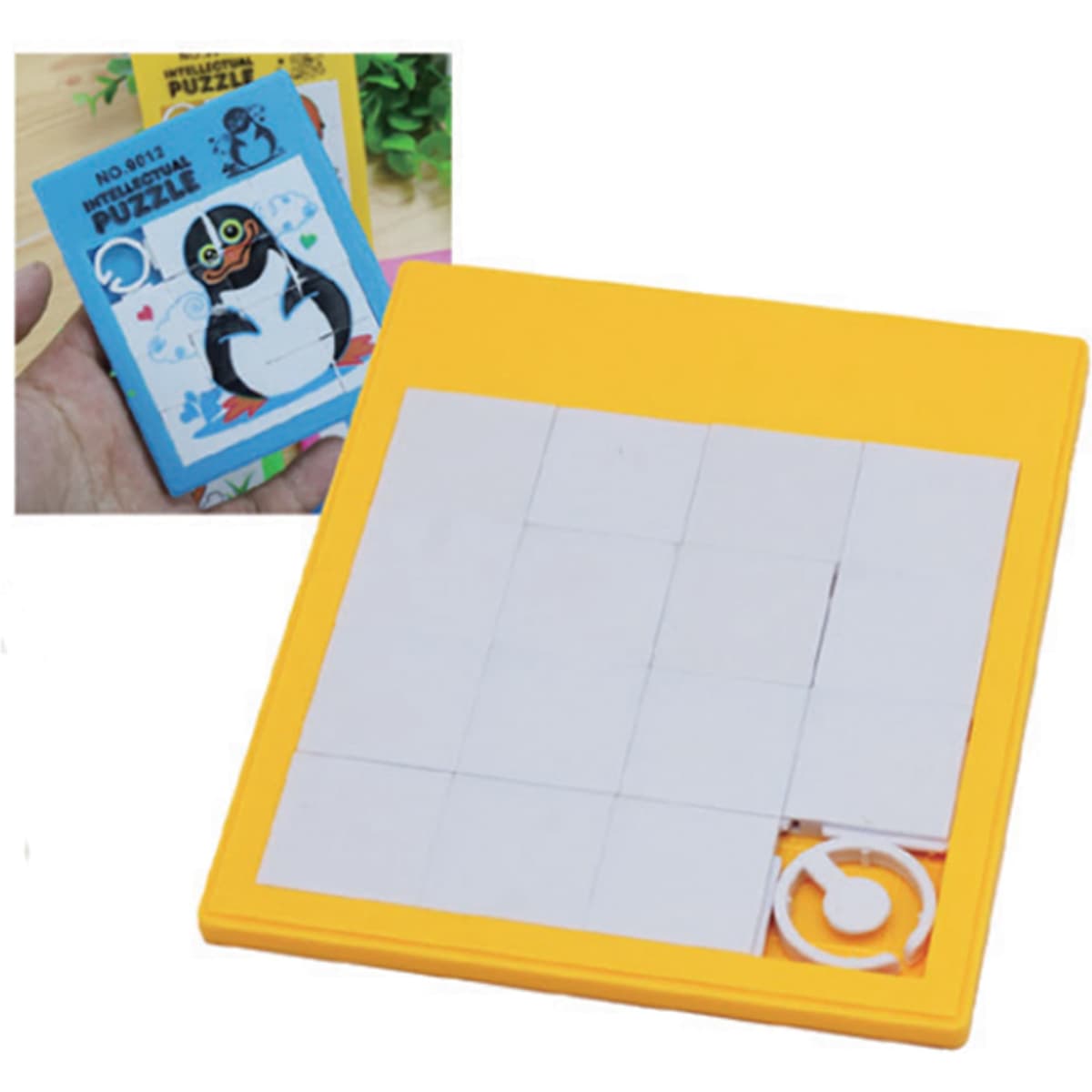 A yellow puzzle board with a missing piece, featuring a themed penguin design on the packaging.
