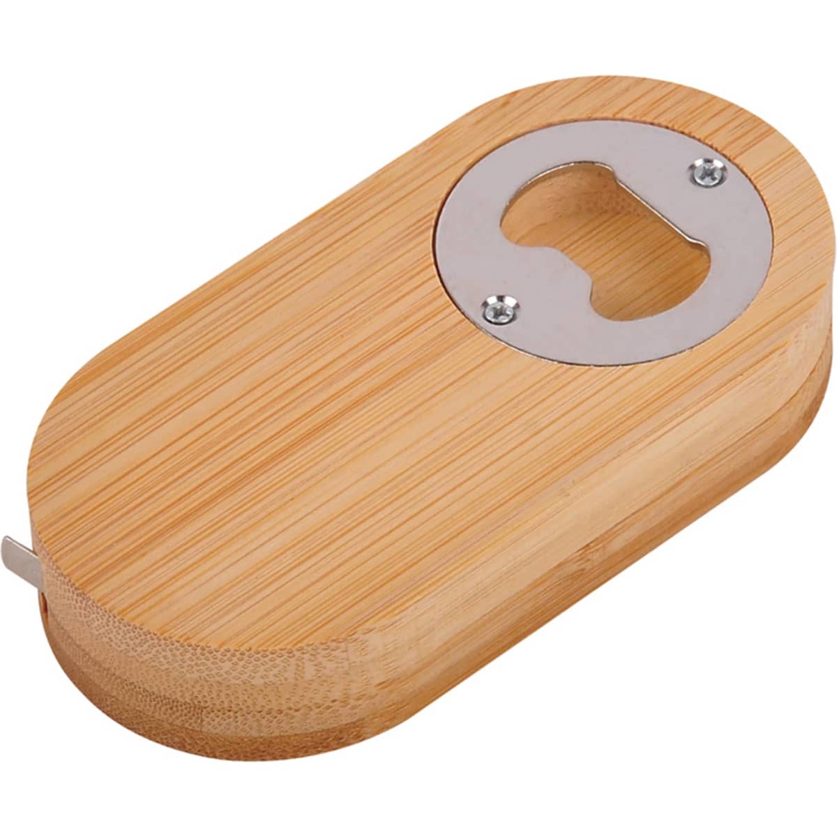 A drink bottle opener with a stainless steel opening, made from natural bamboo, featuring a tape measure.