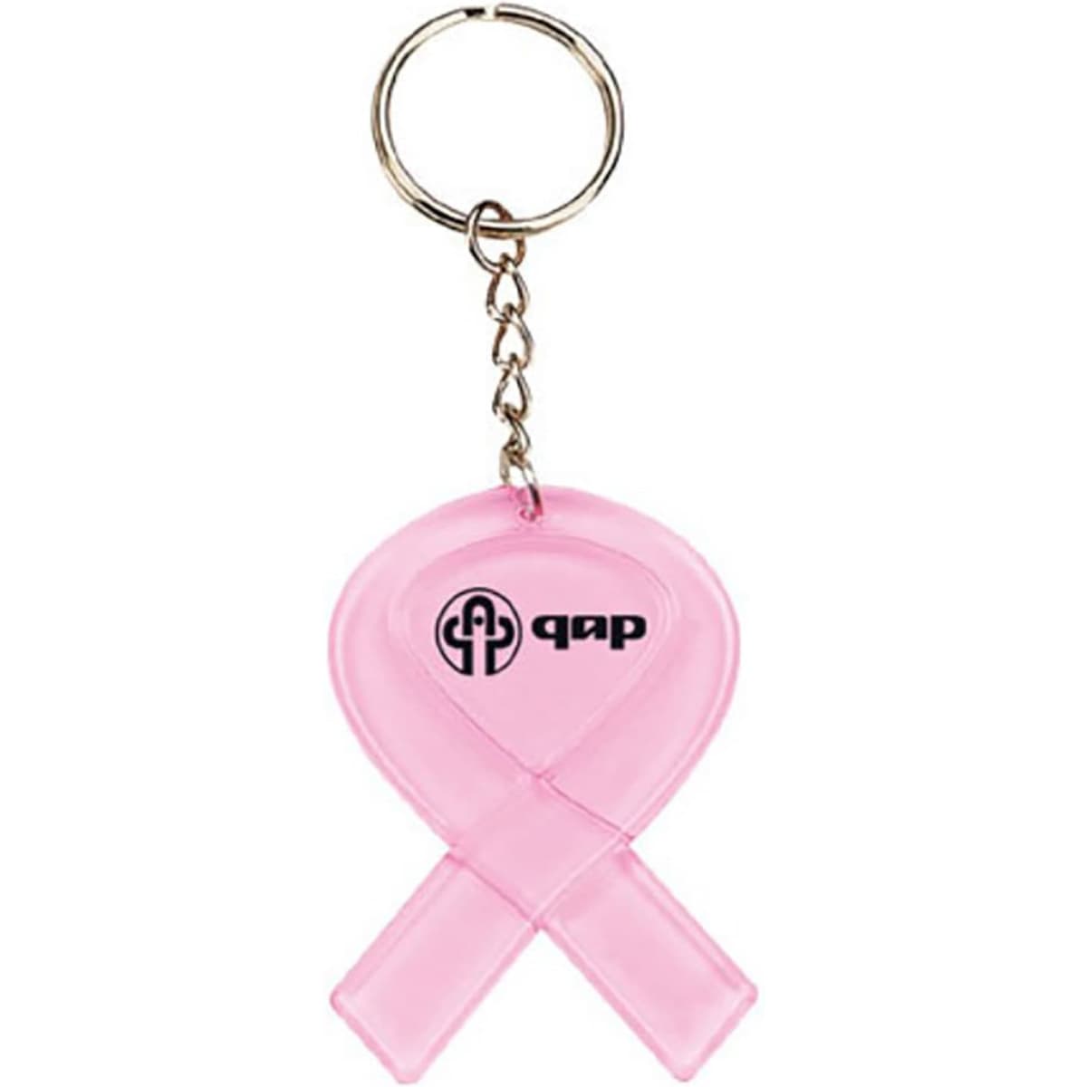 A pink key tag in the shape of a ribbon with a metal keyring and a logo.