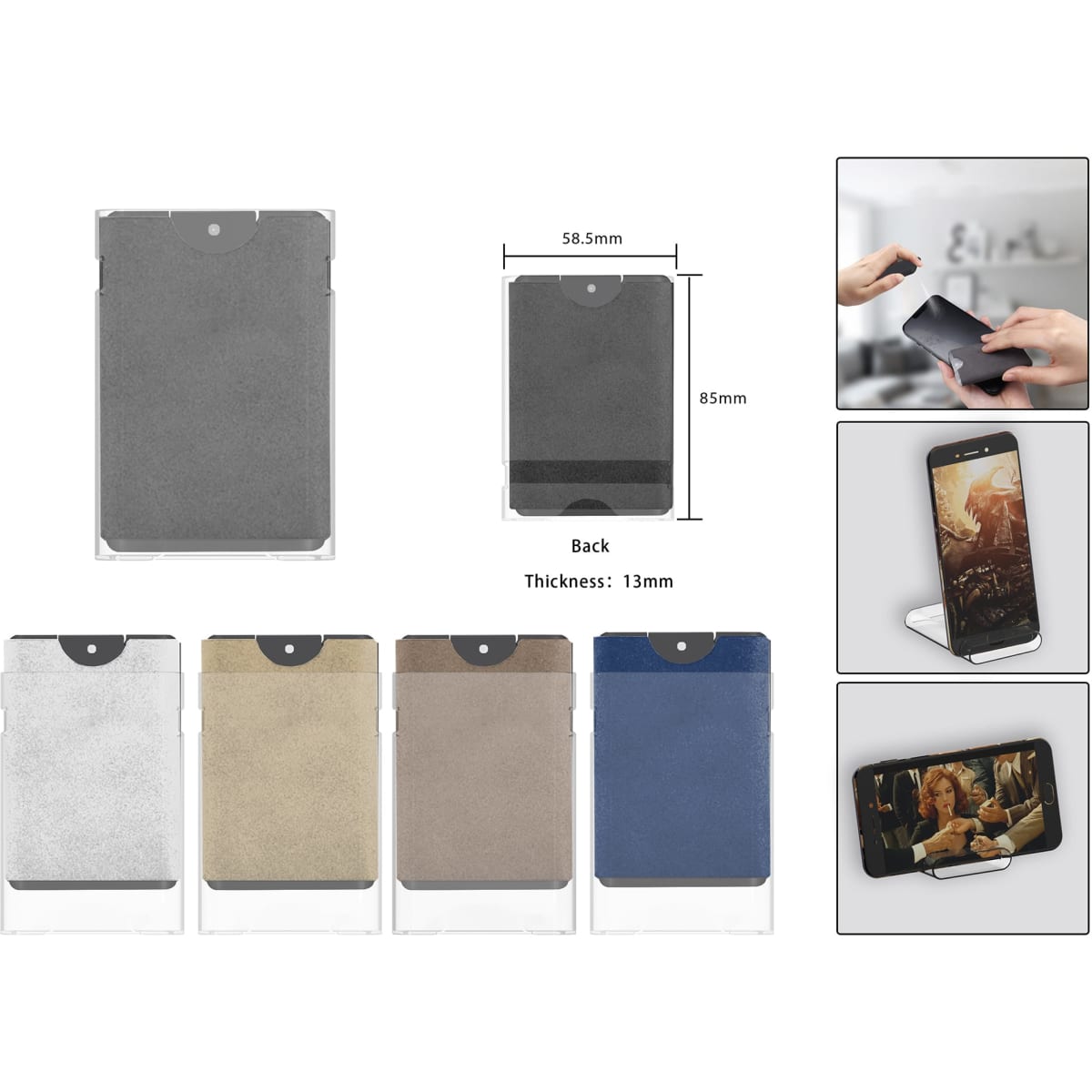 A multi-coloured screen cleaner and mobile holder with a sleek design and a branding logo visible.