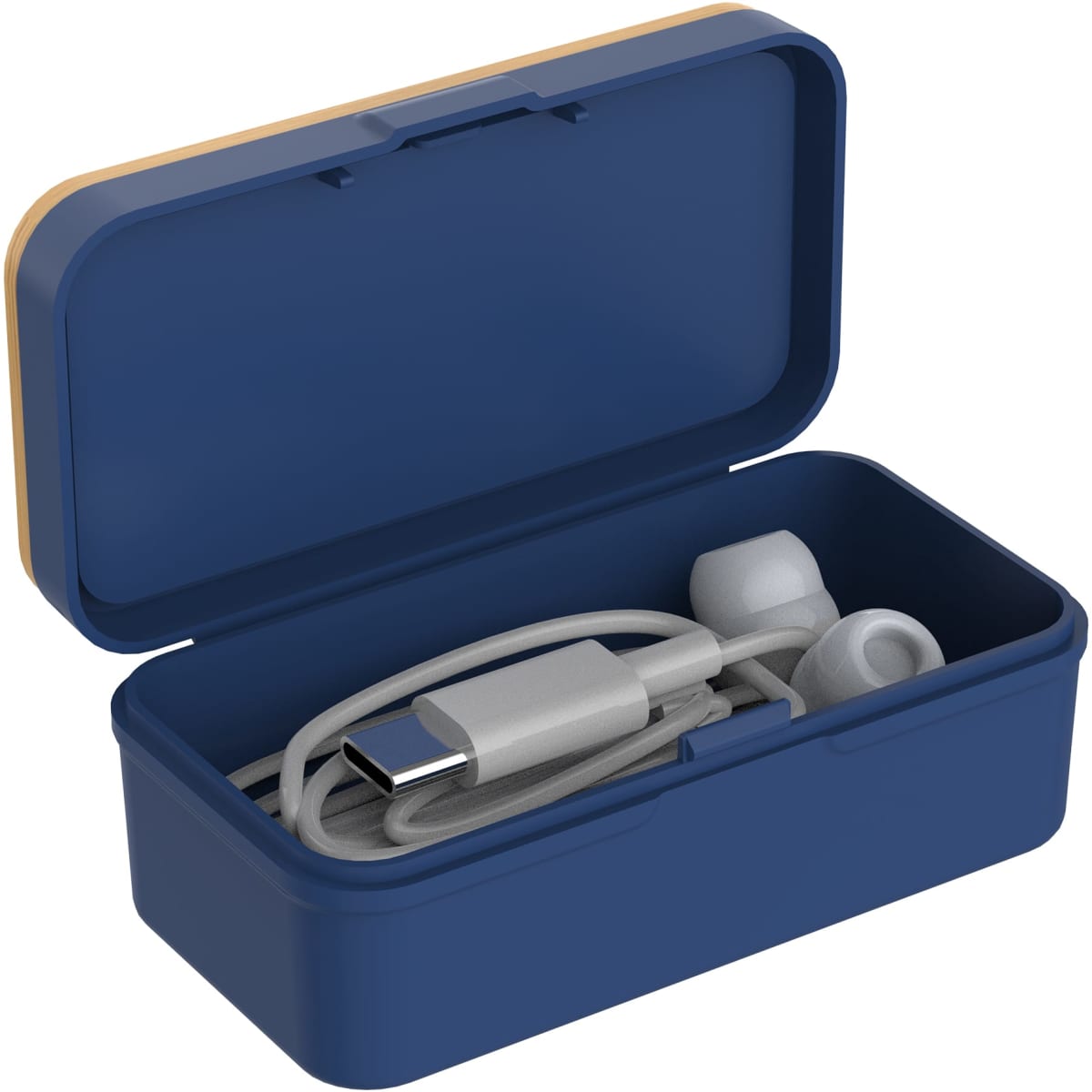 A navy blue case containing white Type-C earbuds and a charging cable. The case is open, displaying the contents.