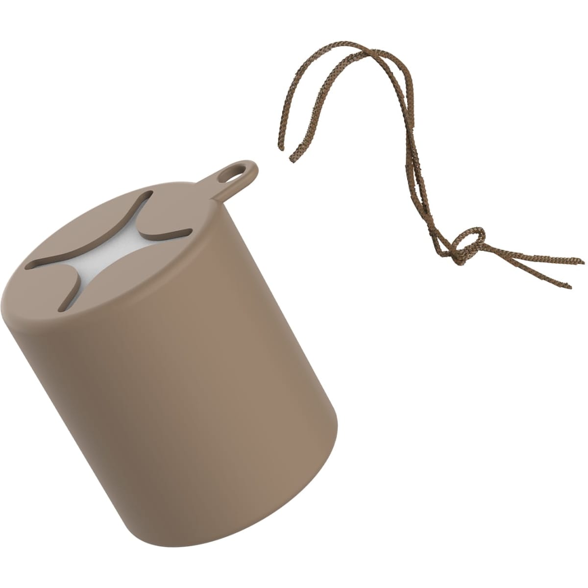 A silicone case in a tan colour with a string loop for attachment. The case is cylindrical in shape and has a logo.
