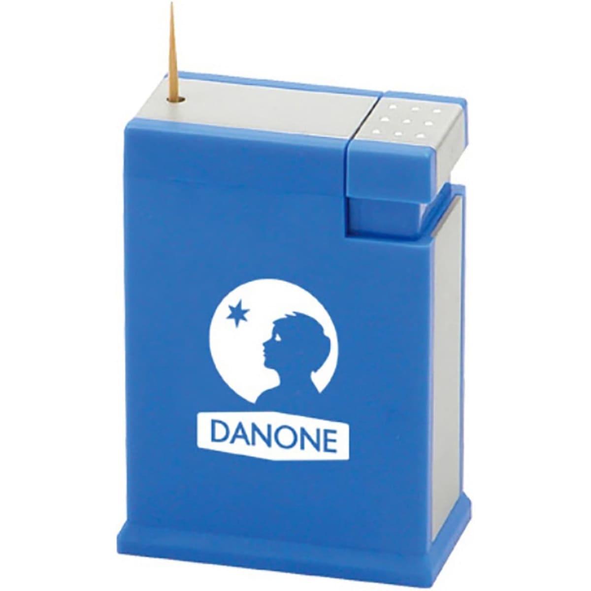A blue toothpick holder with a square design and a logo, featuring a small opening at the top for toothpicks.