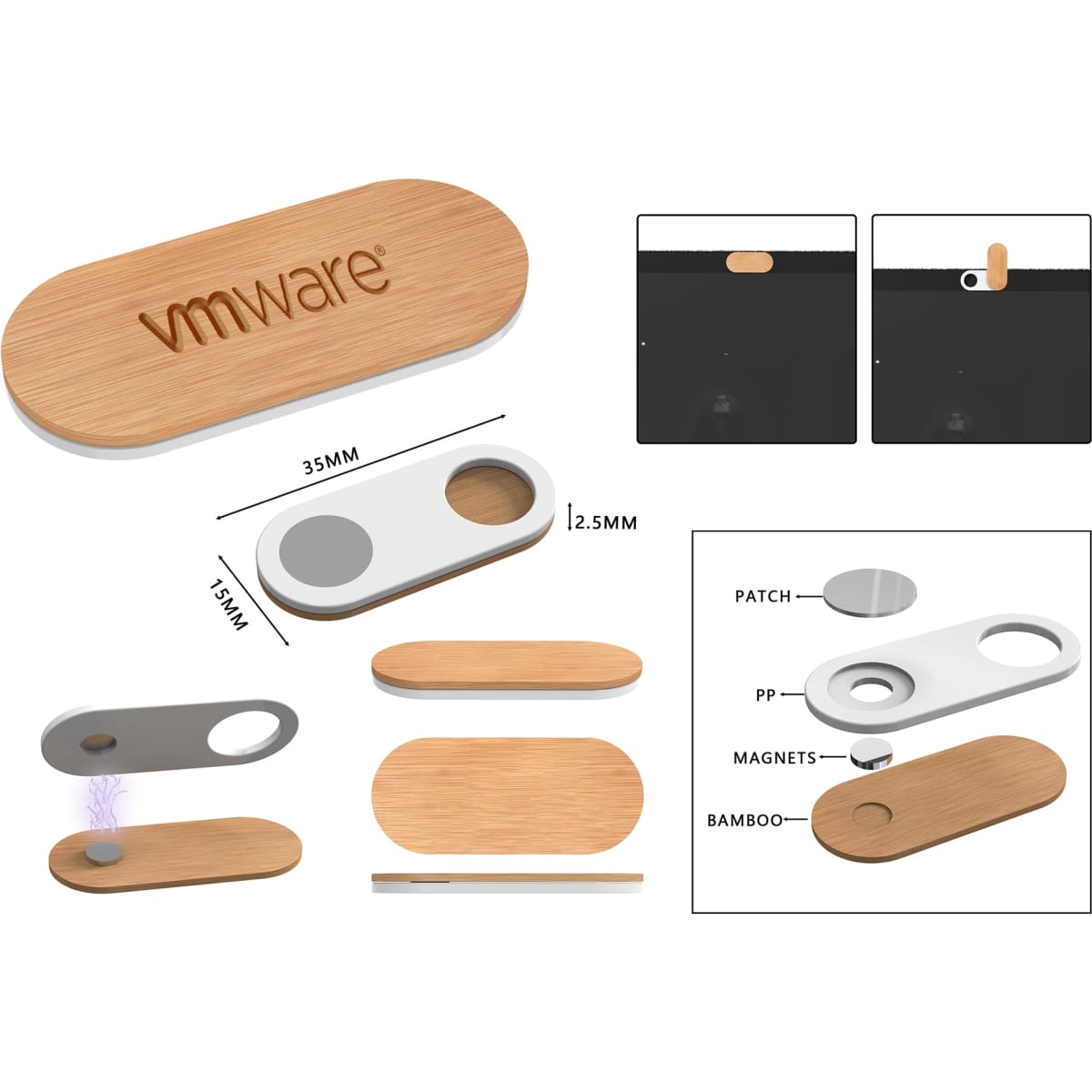 A bamboo webcam cover with a white plastic edge and a magnet, featuring a branding logo.