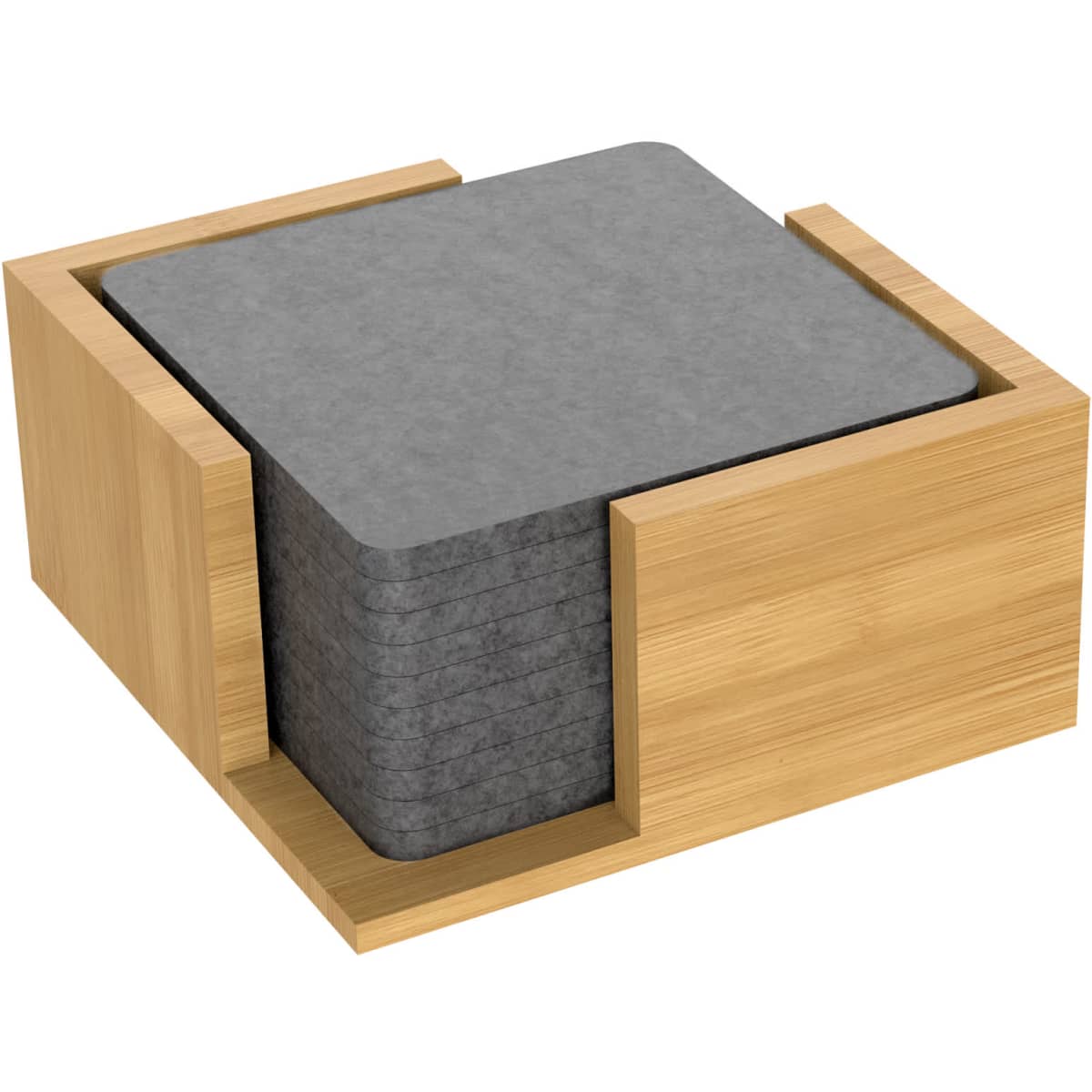 A set of grey felt coasters neatly stacked in a wooden holder, featuring a simple and modern design.