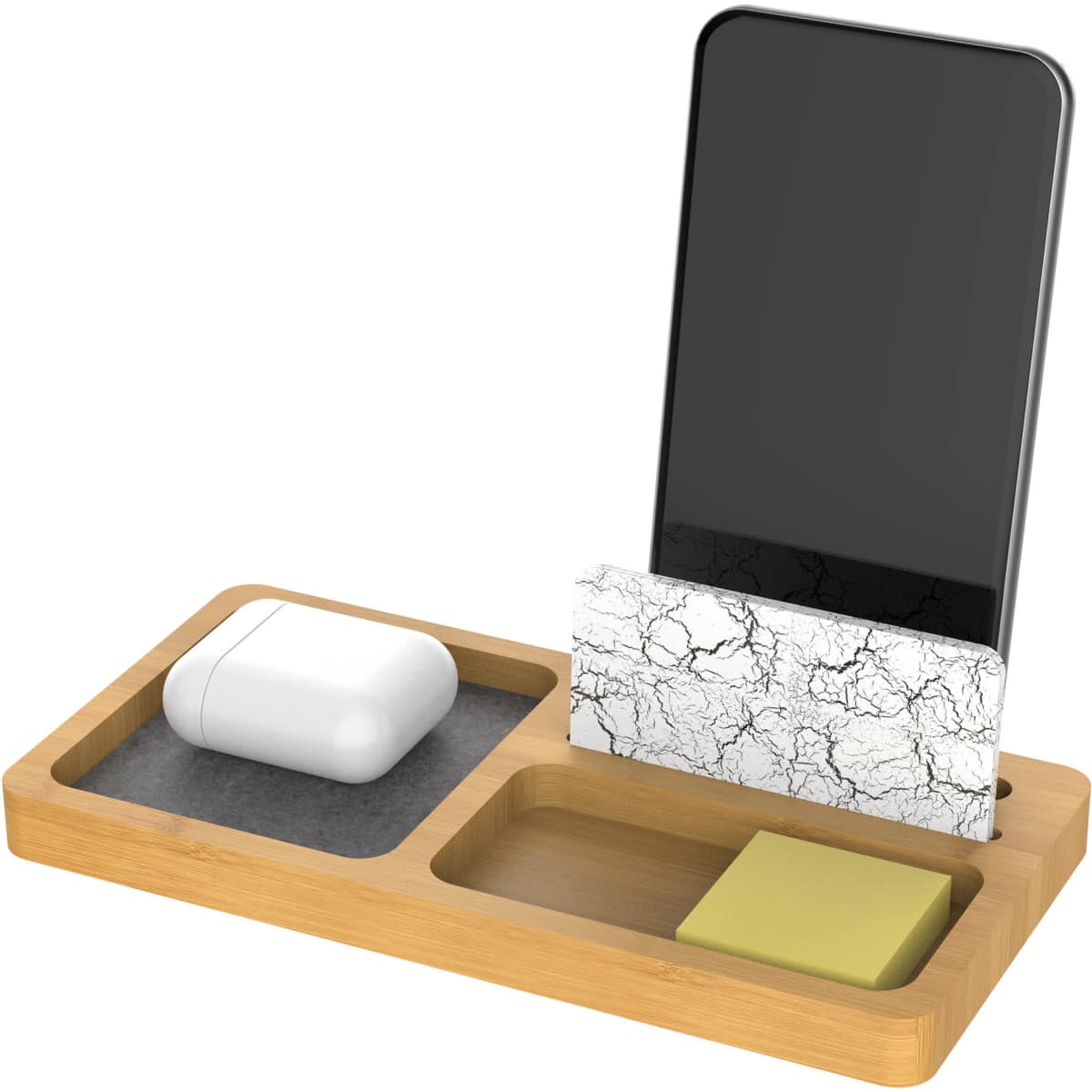 A bamboo phone stand and pen holder featuring a marble-textured section, a compartment for earbuds, and a sticky note pad.