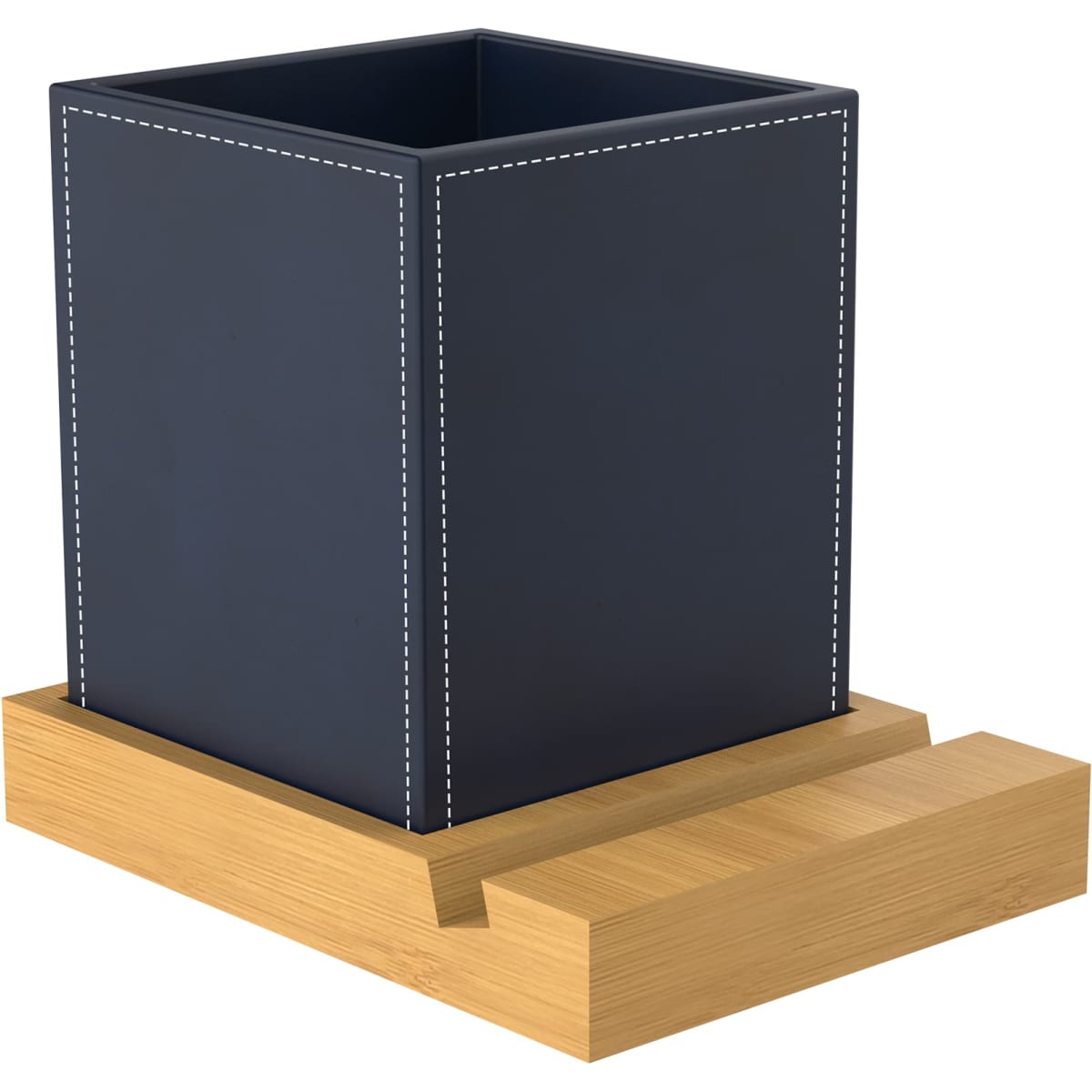 A navy blue square pen holder with a wooden base, featuring decorative stitching and a minimalist design.