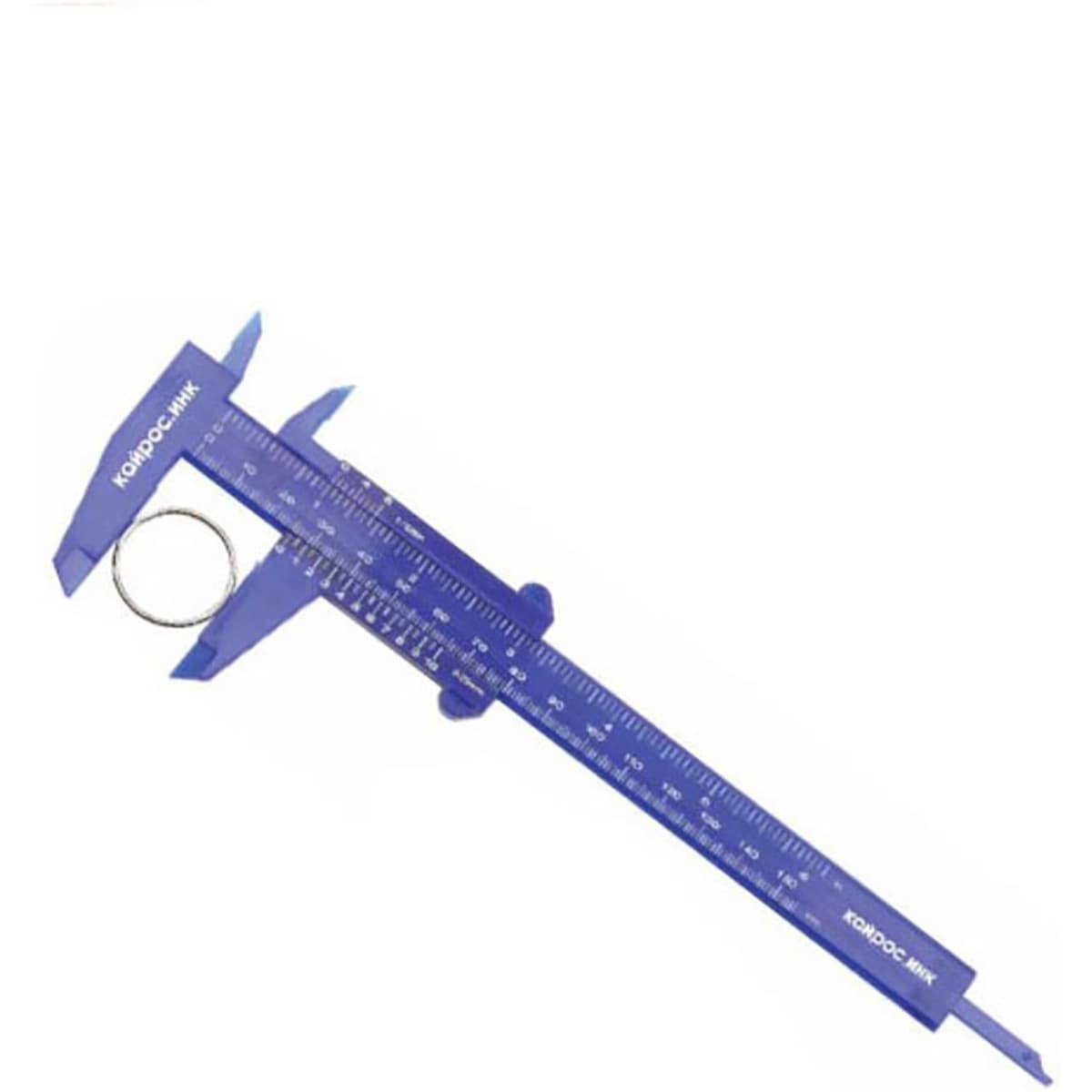 A blue vernier caliper with a metallic ring displayed alongside, featuring a logo.