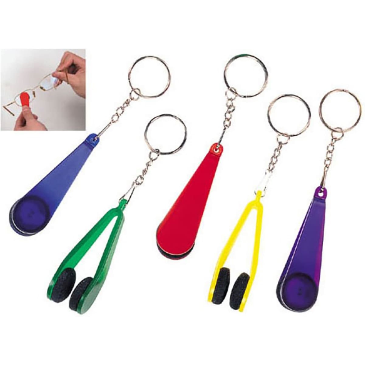 A set of five keychain glasses cleaners in purple, green, red, and yellow. Each cleaner has a unique shape and design.