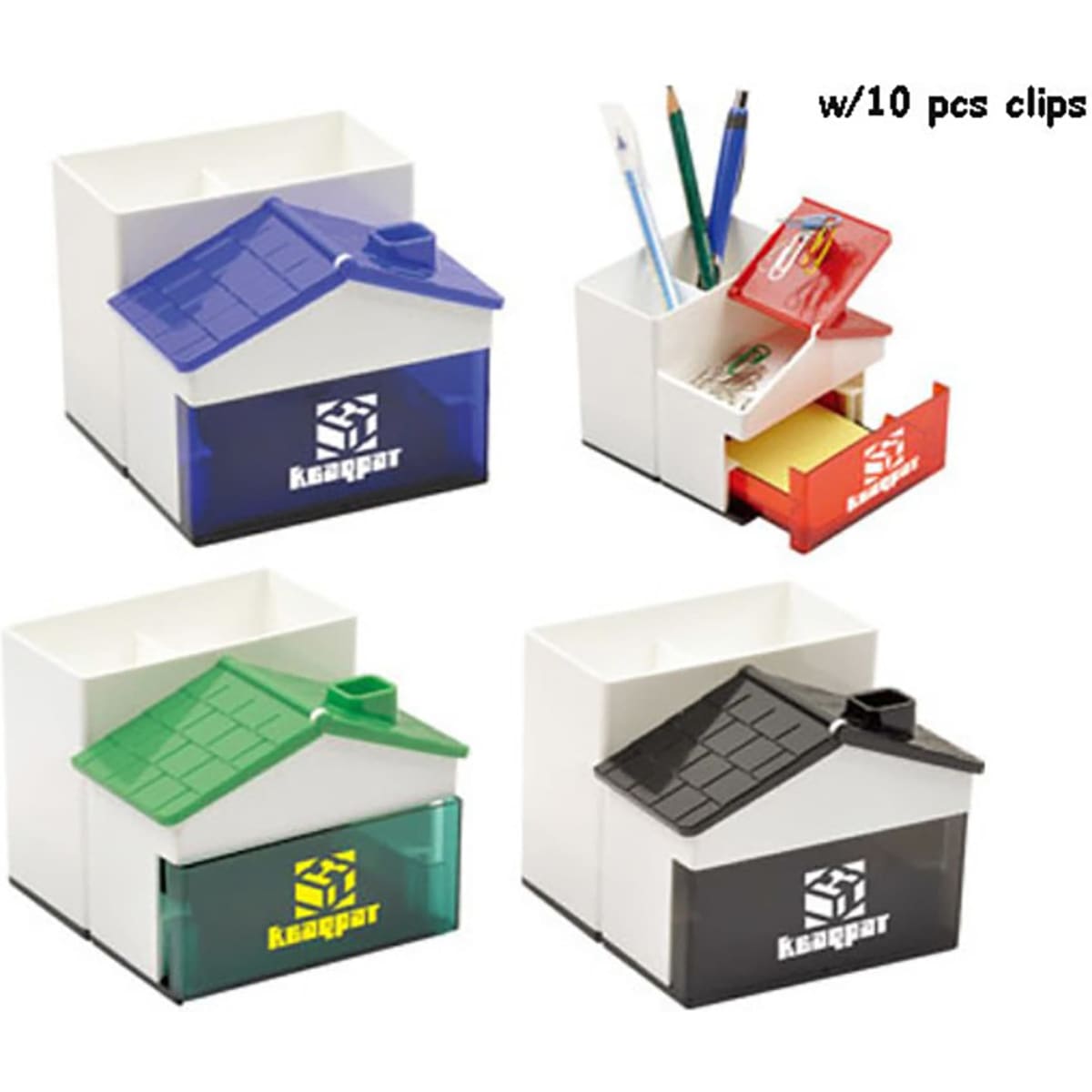 A pen holder and memo holder in four colours: blue, green, black, and white, with clips included.