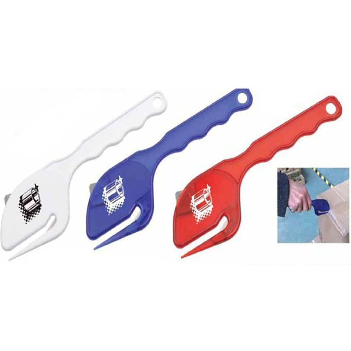 A set of three plastic letter openers in white, blue, and red, each featuring a logo on the handle.