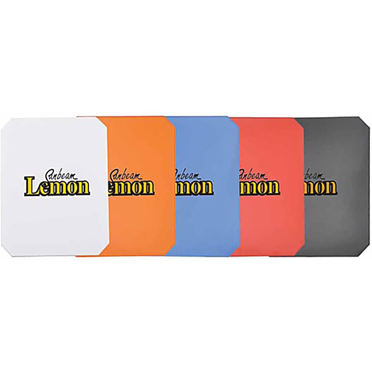 A set of five ice scrapers in white, orange, blue, red, and black, featuring a logo on each scraper.