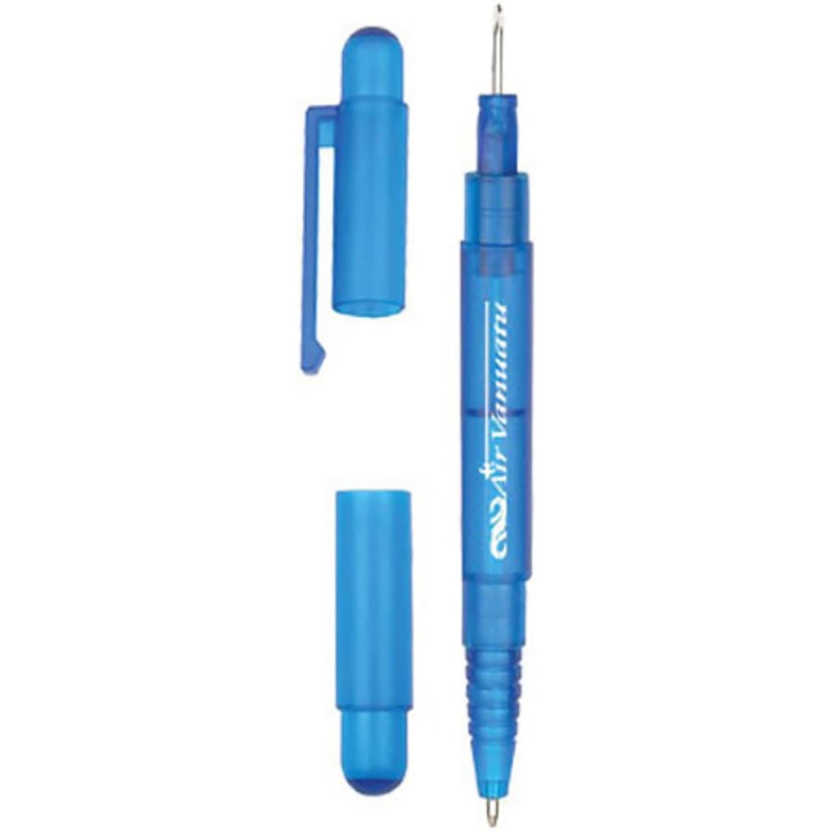 A blue ballpoint pen with a cap and clip, featuring a logo. The pen has a retractable design.