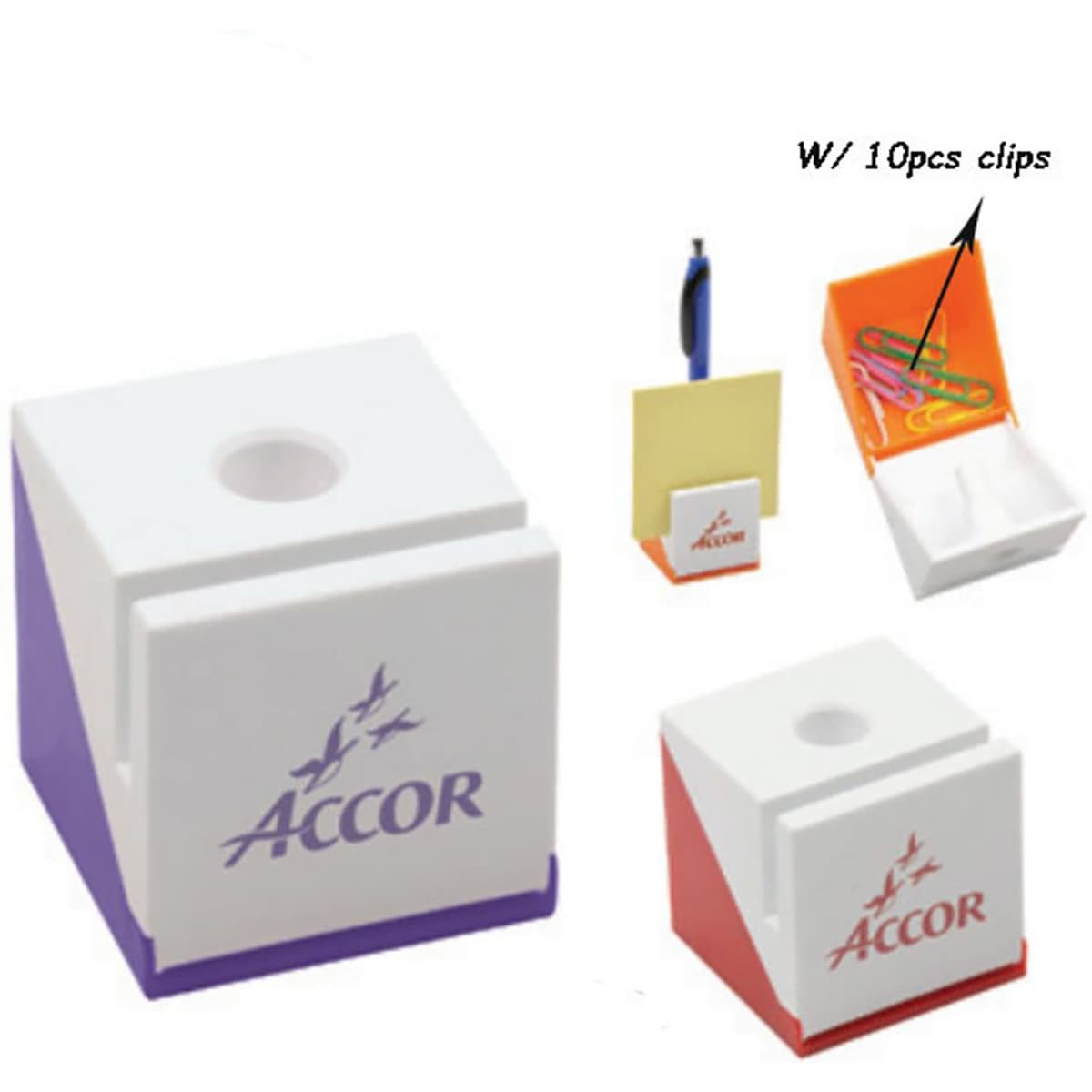 A pen holder with a clip in white and purple, featuring a logo, alongside clips and paper items.