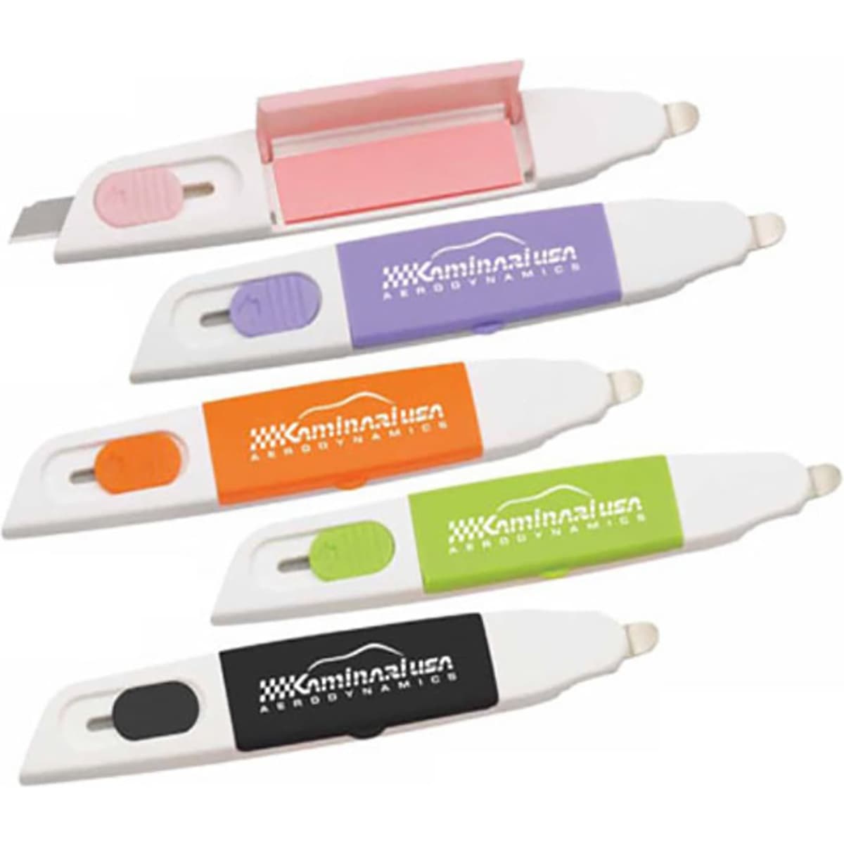 A set of staple removers, letter openers, and memo stickers in purple, orange, pink, and green with branding.