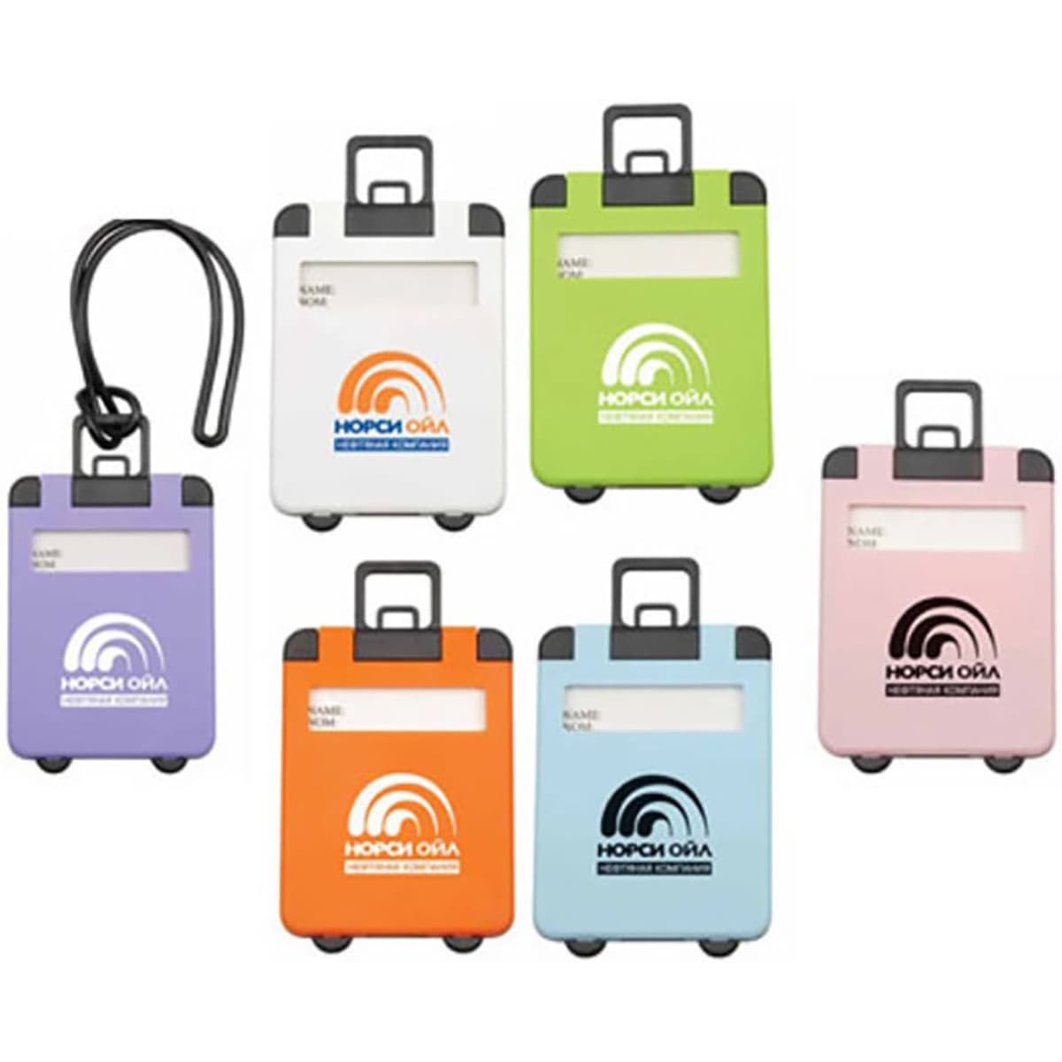 A set of luggage tags in various colours including purple, green, pink, and blue, featuring logos.