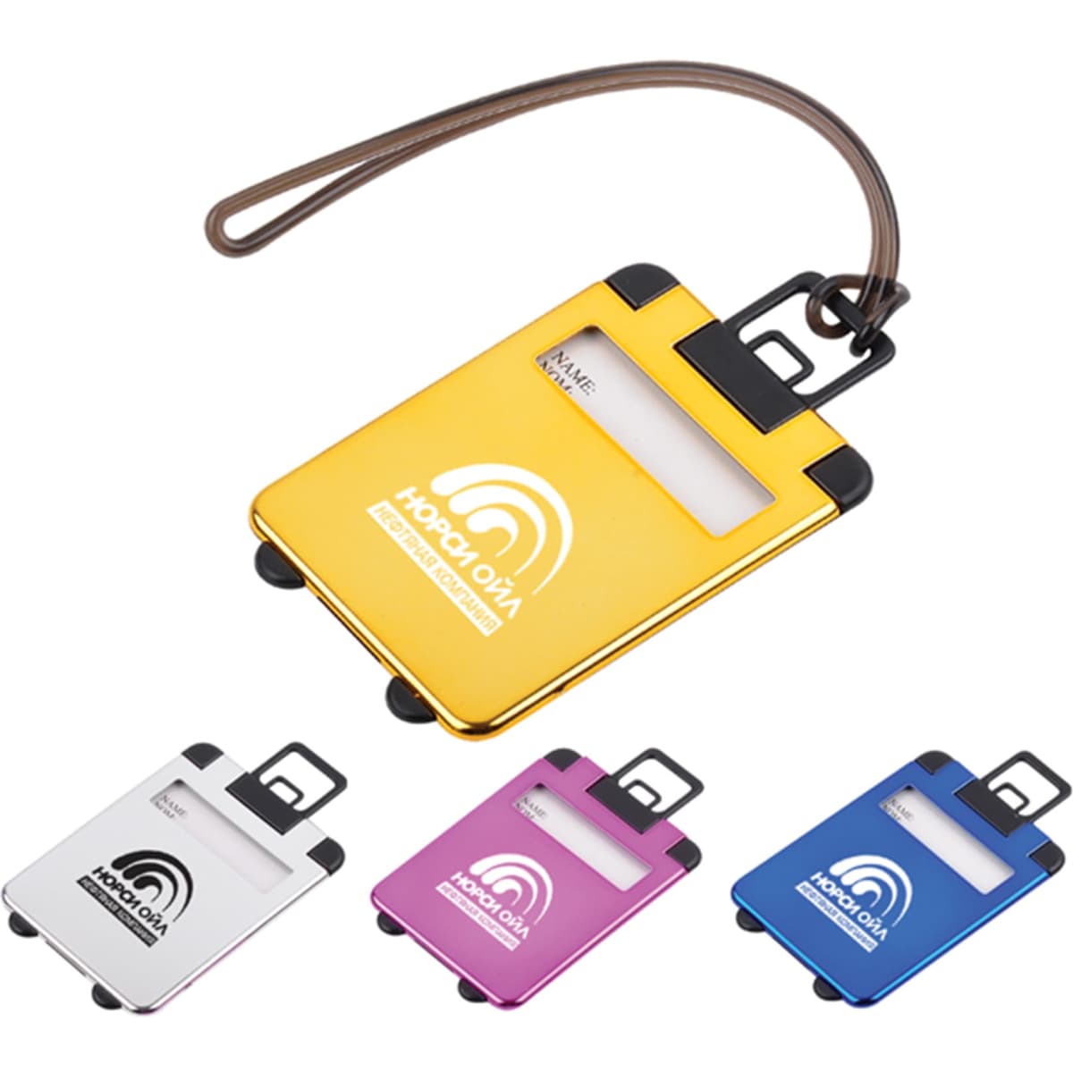 A set of luggage tags in yellow, white, pink, and black, each featuring a logo and a clear identification window.