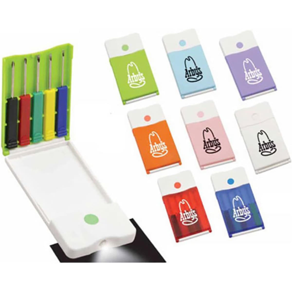 A tool set featuring colourful screwdrivers in a compact case with a light, available in multiple colours.