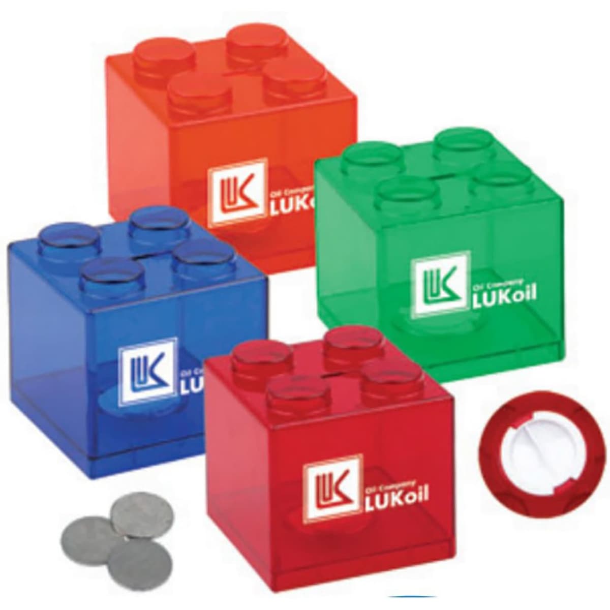 A set of transparent money boxes in red, blue, green, and clear, featuring logos and coin slots.
