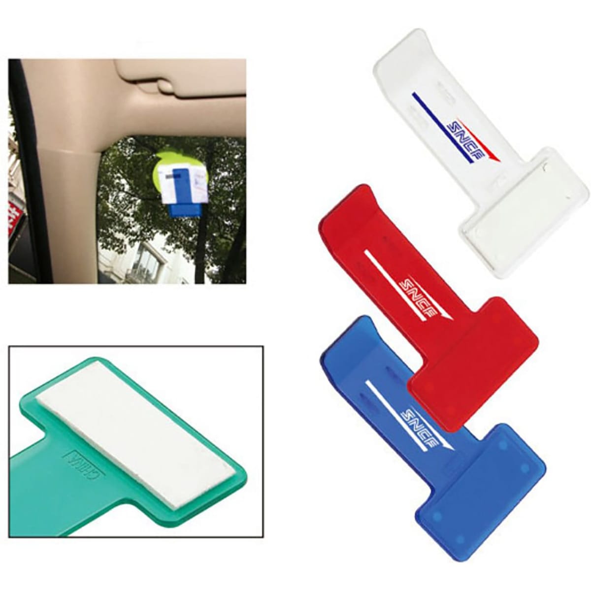 A set of multi-coloured office clips in green, white, red, and blue, featuring a logo.