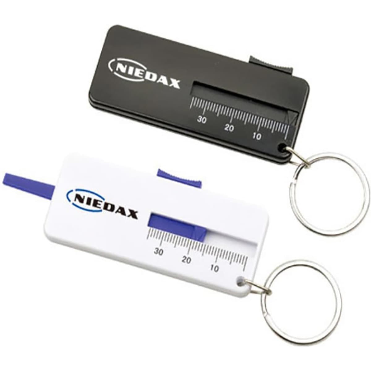 A black and a white tyre gauge, both with measuring scales and attached to a keyring.