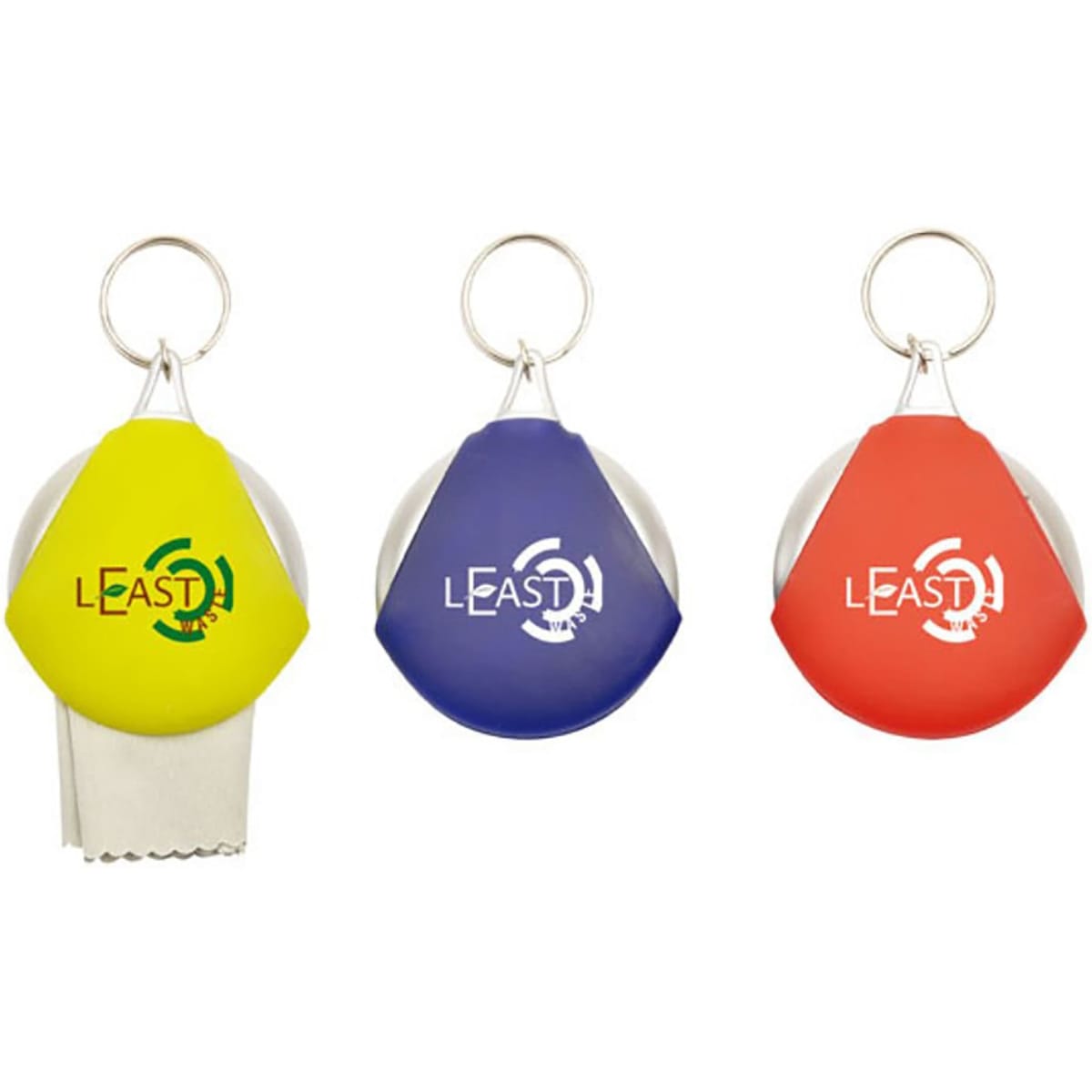 A set of three round glasses cleaners in yellow, blue, and red, each with a keyring attachment and a logo.