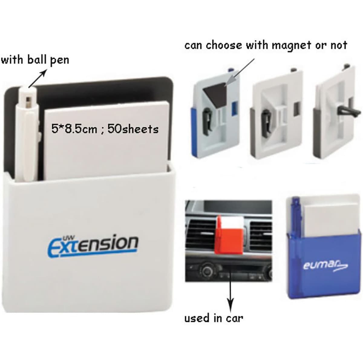 A car memo holder with a ball pen, featuring a white body and options for magnetic or non-magnetic backing.