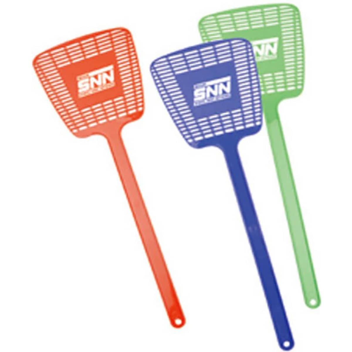 A set of three plastic swatters in red, blue, and green, featuring a logo on each.
