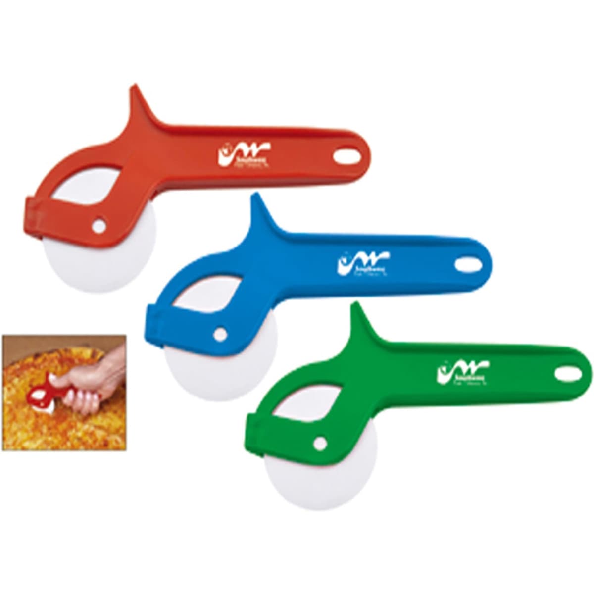 Three pizza cutters with wheels in red, blue, and green, featuring a logo on the handles.