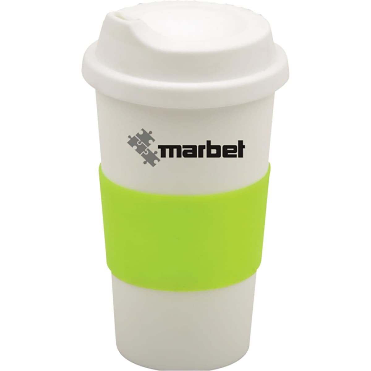 A white coffee cup with a green silicone sleeve and a lid, featuring a logo.