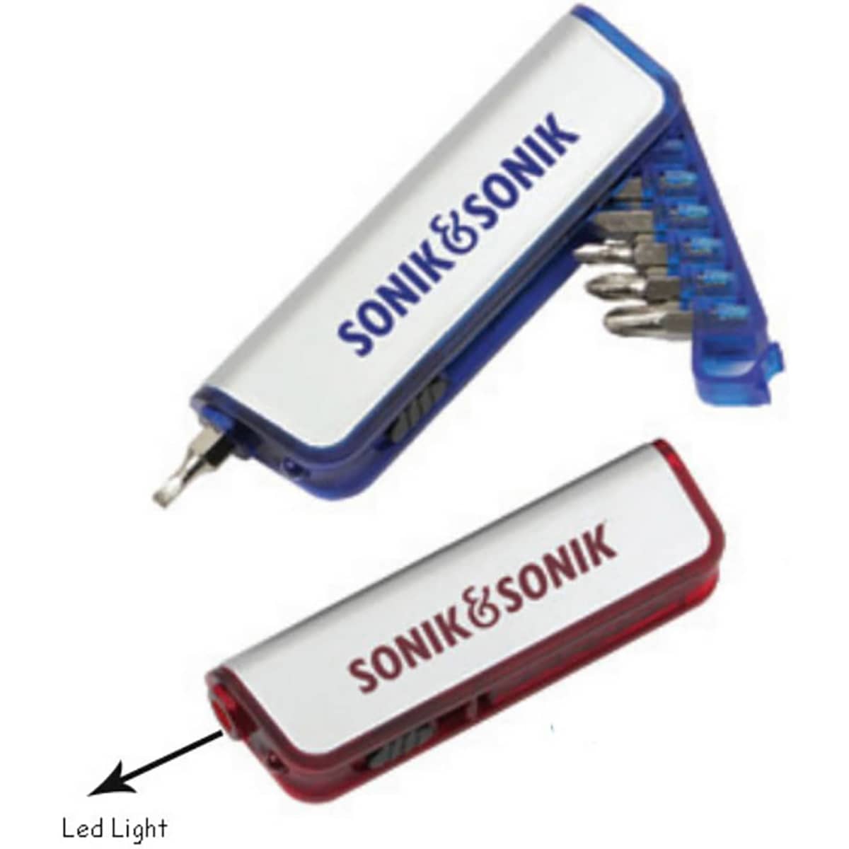 A tool set featuring a blue and red case with multiple screwdriver bits and an LED light. It includes branding.