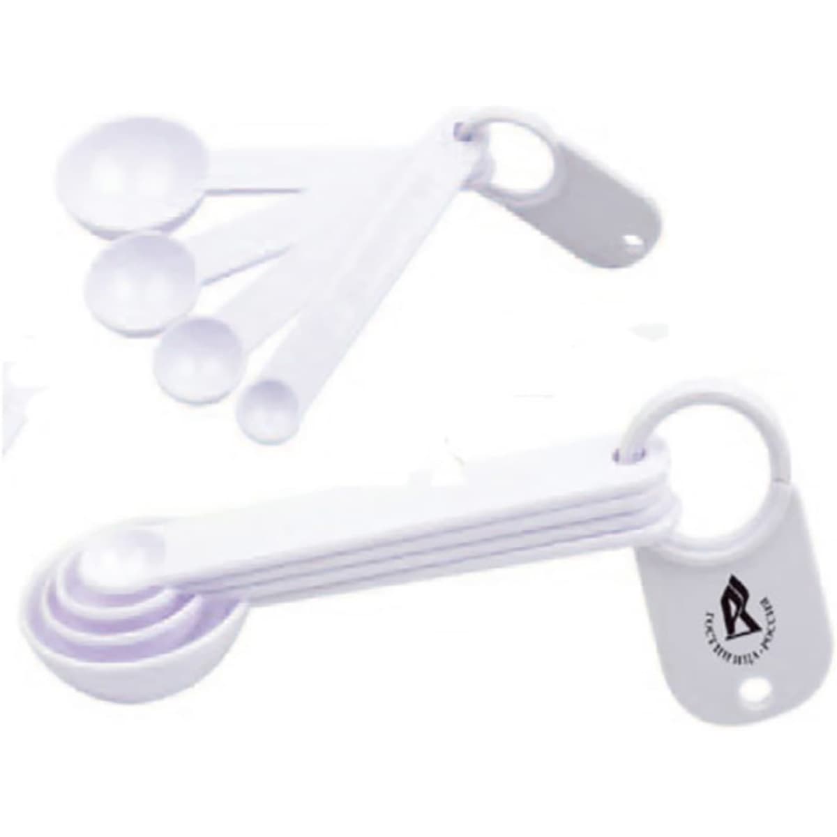 A set of white measuring scoops in various sizes, joined by a ring, with a logo on one scoop.