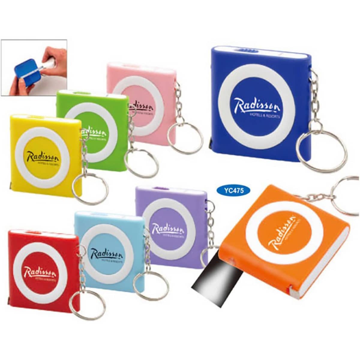 A tape measure with light, available in various colours, attached to a keyring with a branded logo.