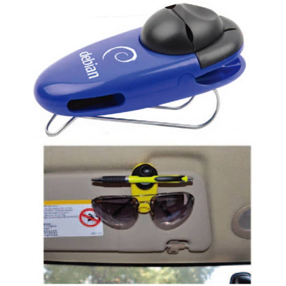 A blue sunglasses holder with a black clip, designed for car sun visors, holding a pair of sunglasses.