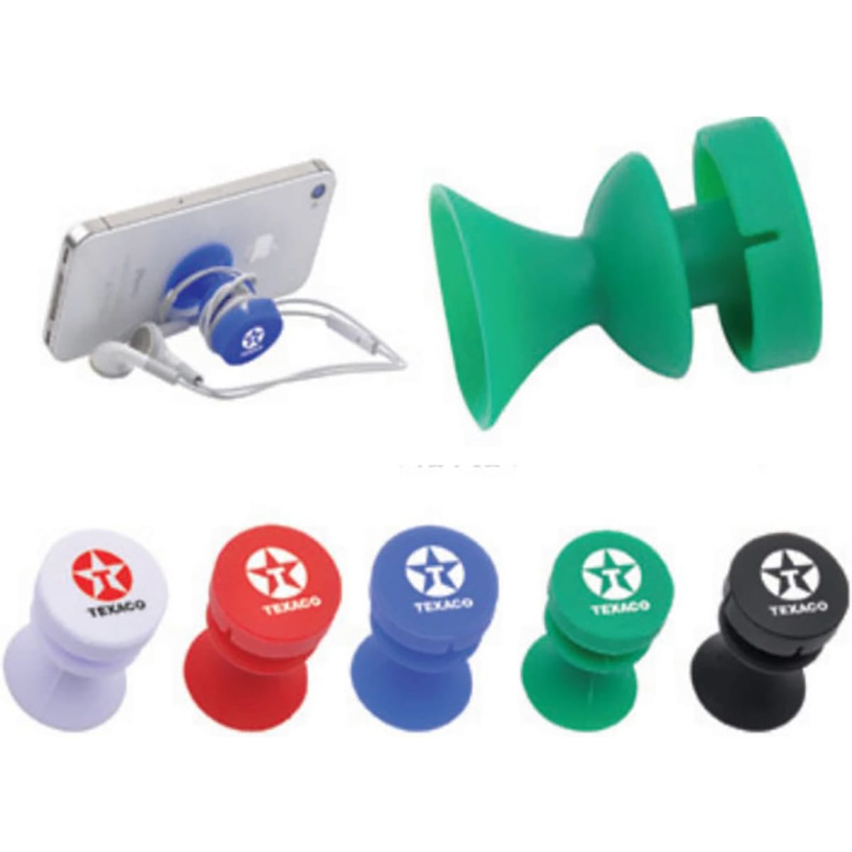 A collection of colourful mobile stands in various colours including red, blue, green, white, and black, with branding.