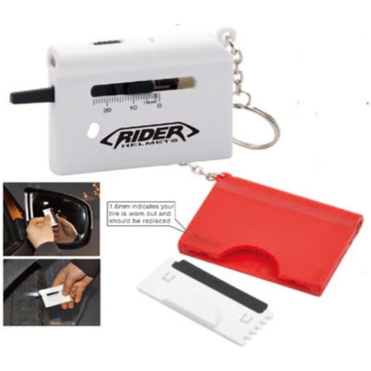 A white tyre trend measurement tool with a keyring attachment and a red plastic case, featuring a logo.
