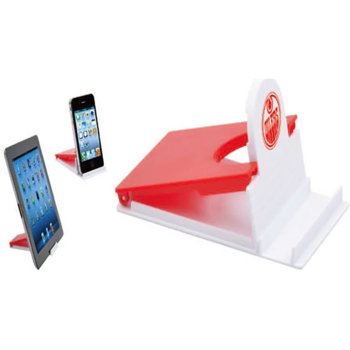 A red and white mobile holder displaying an iPad and an iPhone, featuring a logo on its base.