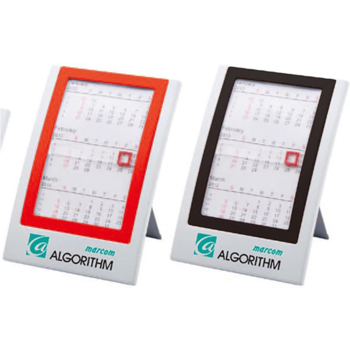 A wall calendar display with two colour options: one featuring orange and the other in black, both with a logo.