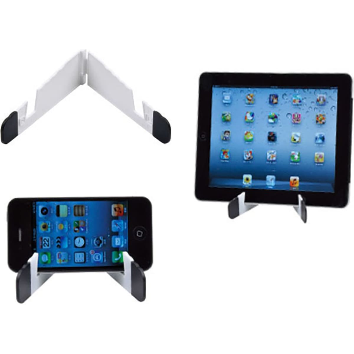 A mobile stand in white and grey, designed for holding phones and tablets, featuring a simple, foldable design.
