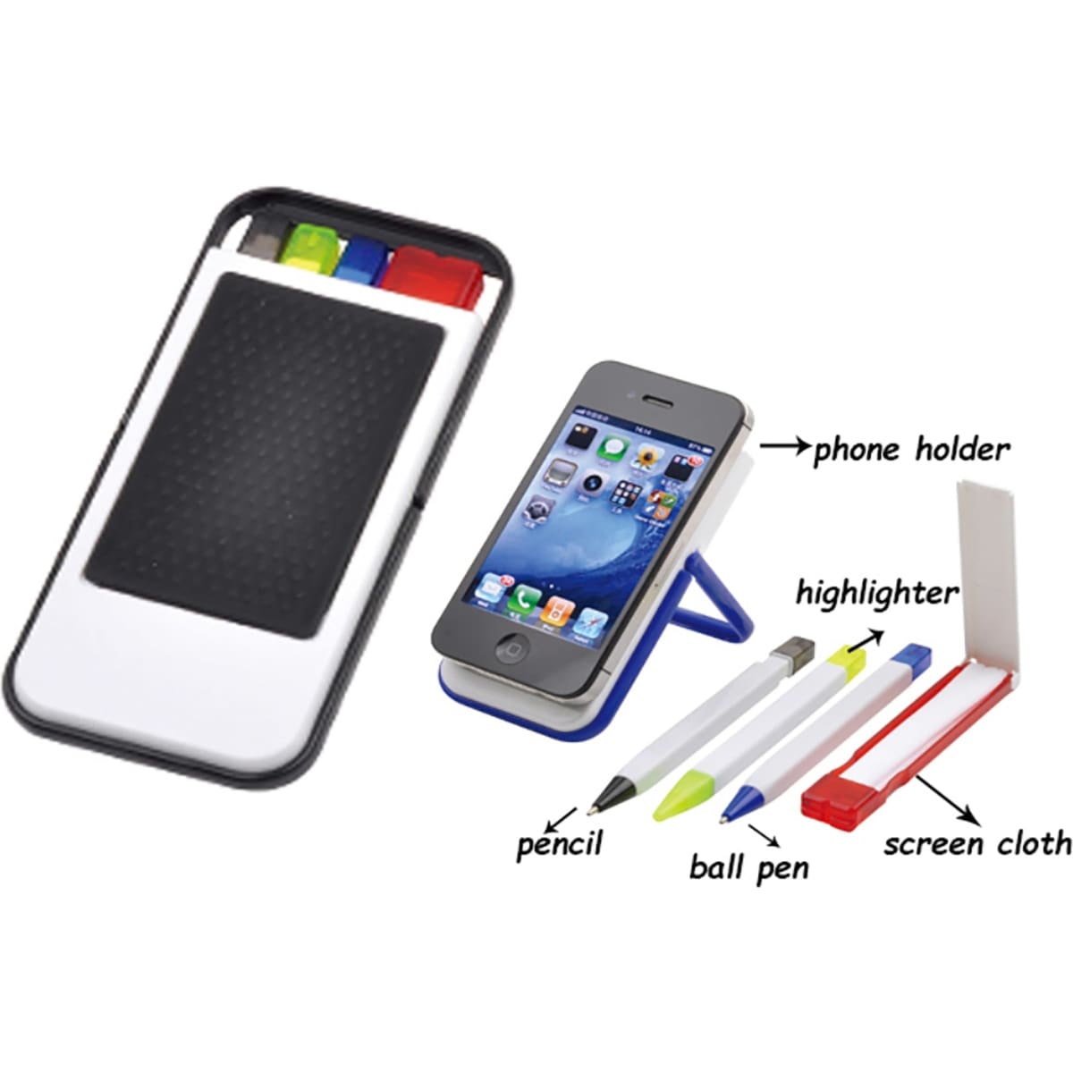 Mobile holder in black and white with red, blue, green, and yellow pens, and a screen cloth. Features a phone stand.