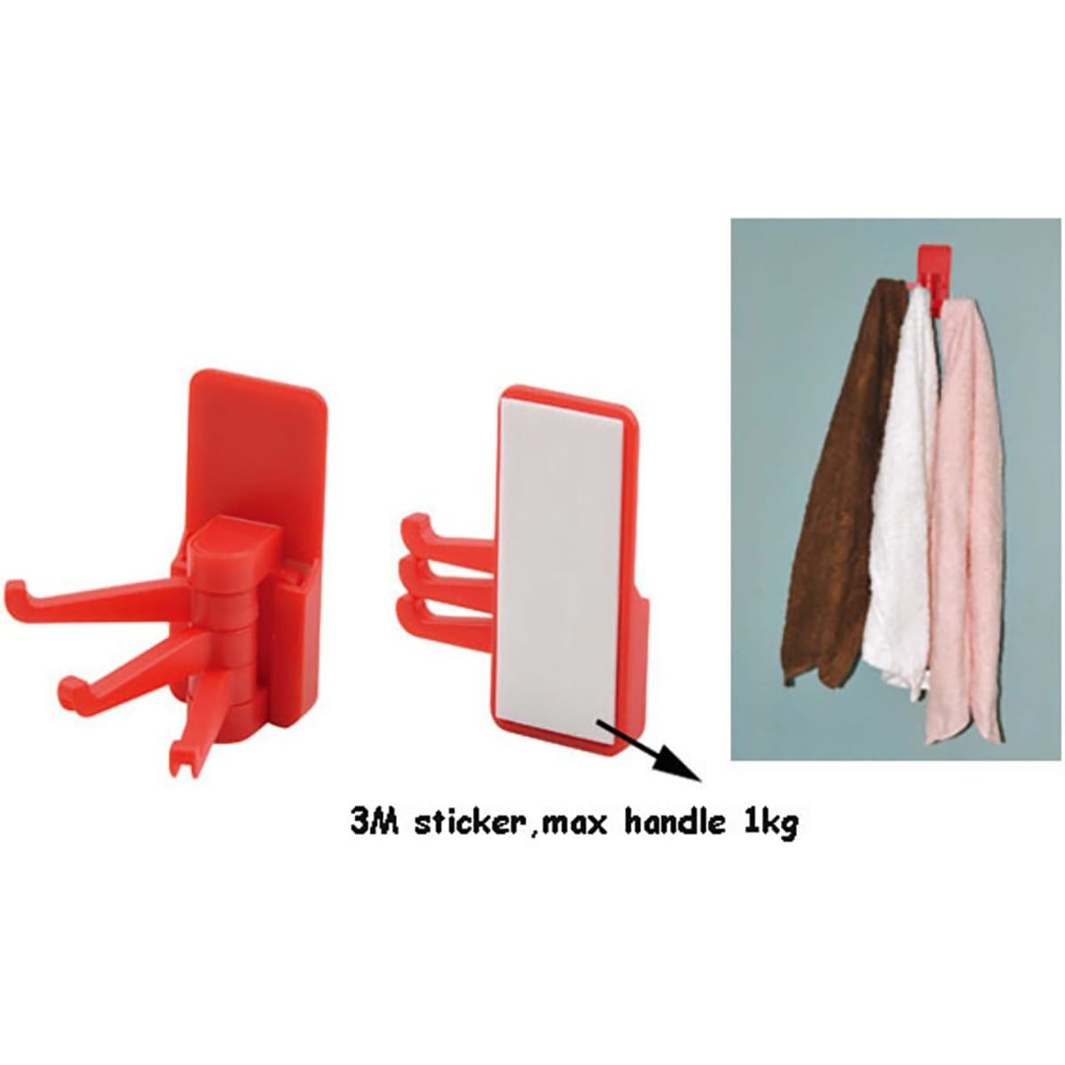 A red Handy Hook with a 3M sticker, featuring multiple hooks for hanging items, shown with towels.