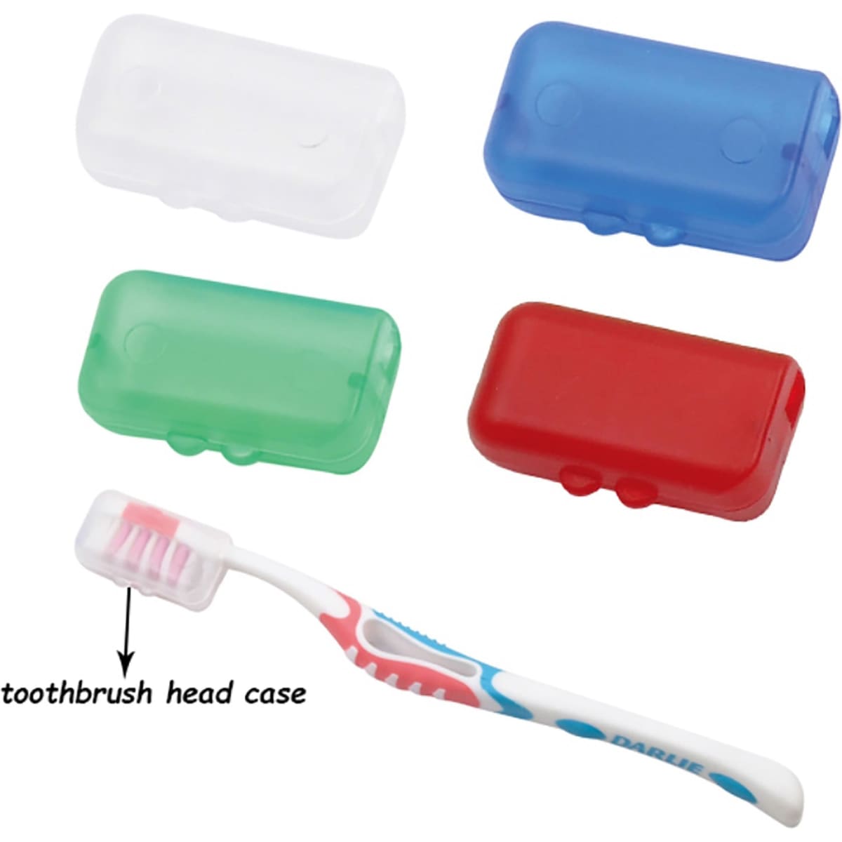 A toothbrush holder set featuring white, blue, green, and red cases, accompanied by a toothbrush with a patterned handle.